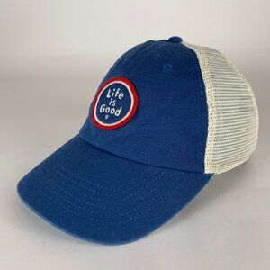 Life Is Good Mens Blue Cream Beige Relaxed Fit Snapback Trucker Hat